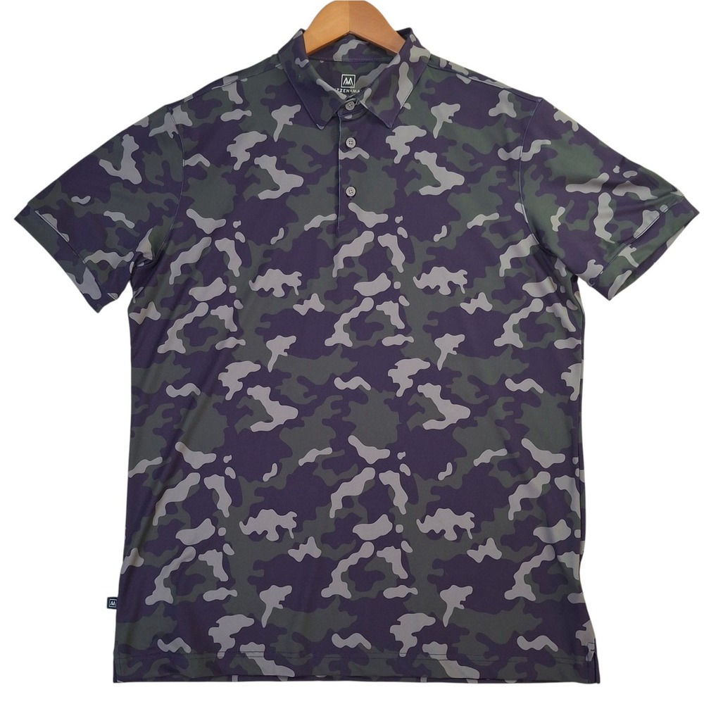 Mizzen+Main Polo Shirt Mens Large Gray Camo Trim Fit Performance Golf Stretch